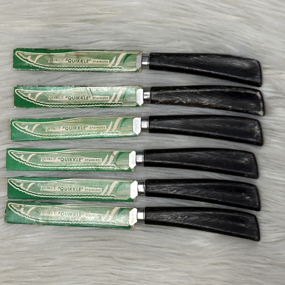 Set 6 VTG‎ Quikut "QUIKKLE"Stainless Steak Knives Shell Oil Dealer Promo USA MCM